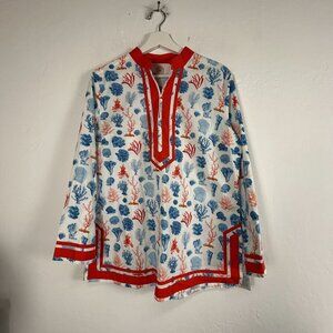 Nico Blu Womens Long Sleeve Caftan Tunic Top PL Coral & Sea Print 100% Cotton